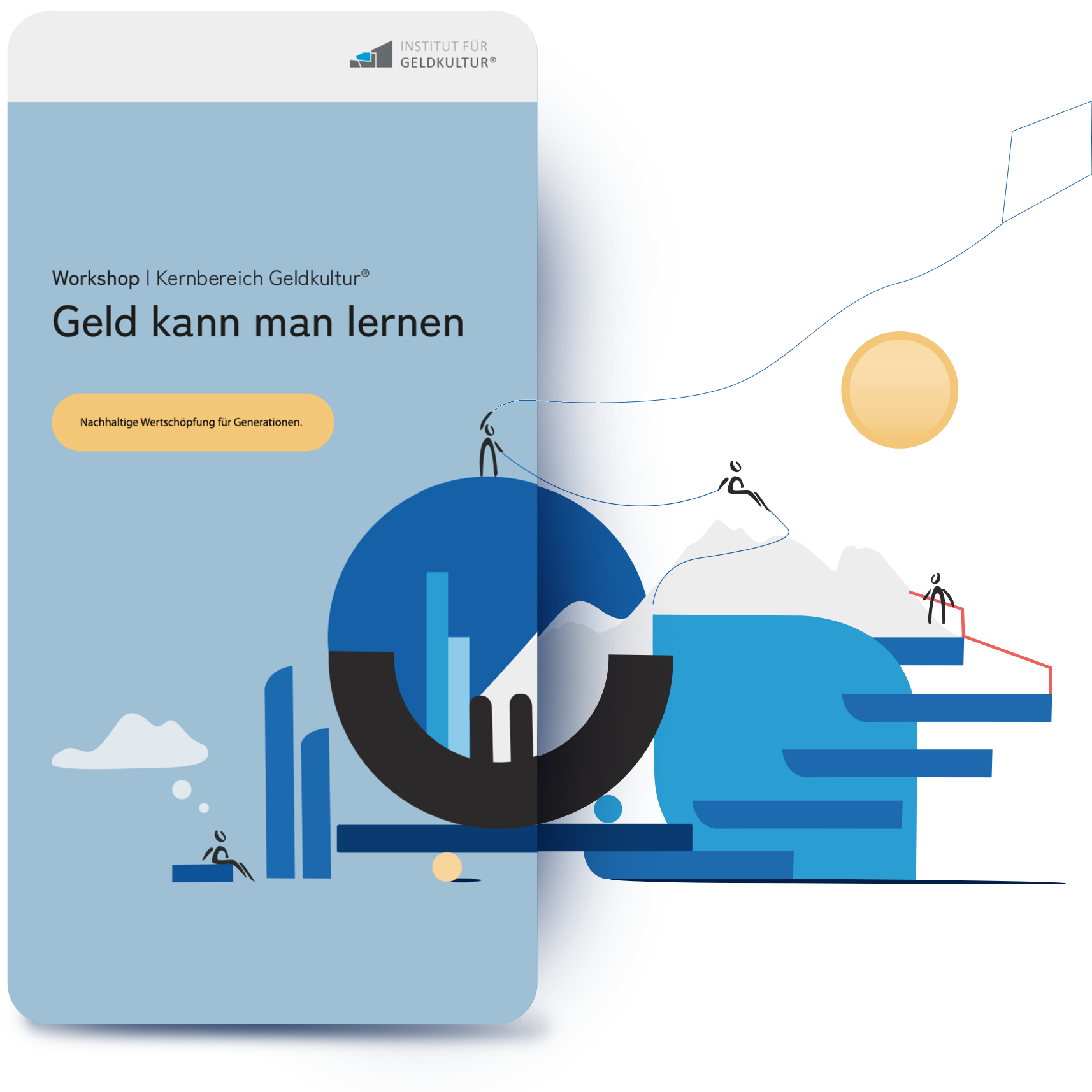 Handy-Grafik zum Workshop Geld kann man lernen mit Geldsymbol und Berglandschaft